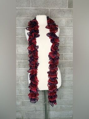 Red Purple Ruffle Scarf Crochet Lace Textured Statement Boho Chic Wrap